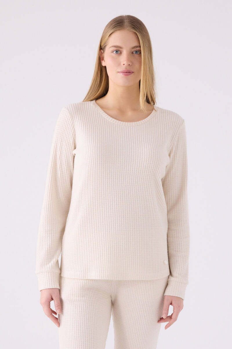 Pierre Cardin Kadın Pamuklu Bisiklet Yaka Pigment Baskılı Kışlık Regular Fit Krem Pijama Takımı PC8922-S-V1 - 2