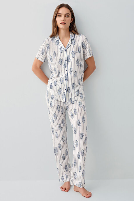 Pierre Cardin Kadın Pamuklu Gömlek Yaka Nakışlı Yazlık Regular Fit Beyaz Pijama Takımı PC9215-S-V1 - 2