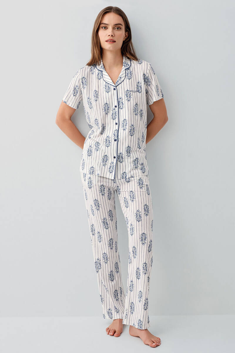Pierre Cardin Kadın Pamuklu Gömlek Yaka Nakışlı Yazlık Regular Fit Beyaz Pijama Takımı PC9215-S-V1 - 2