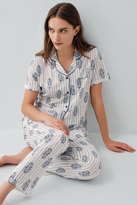 Pierre Cardin Kadın Pamuklu Gömlek Yaka Nakışlı Yazlık Regular Fit Beyaz Pijama Takımı PC9215-S-V1 - 1