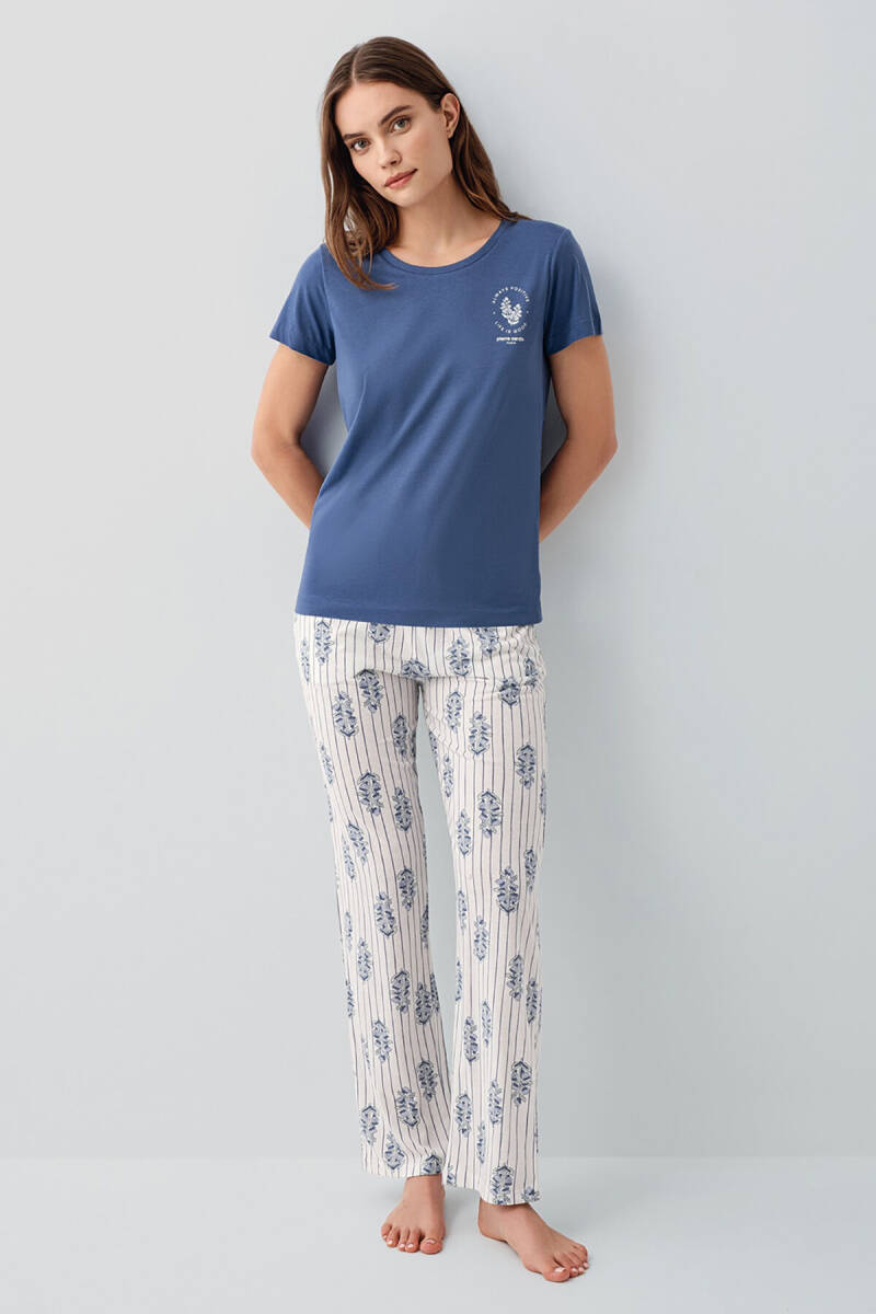 Pierre Cardin Kadın Pamuklu Bisiklet Yaka Nakışlı Yazlık Regular Fit Lacivert Pijama Takımı PC9213-S-V1 - 2
