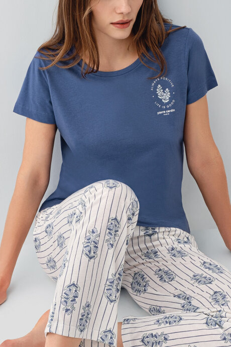 Pierre Cardin Kadın Pamuklu Bisiklet Yaka Nakışlı Yazlık Regular Fit Lacivert Pijama Takımı PC9213-S-V1 - 3