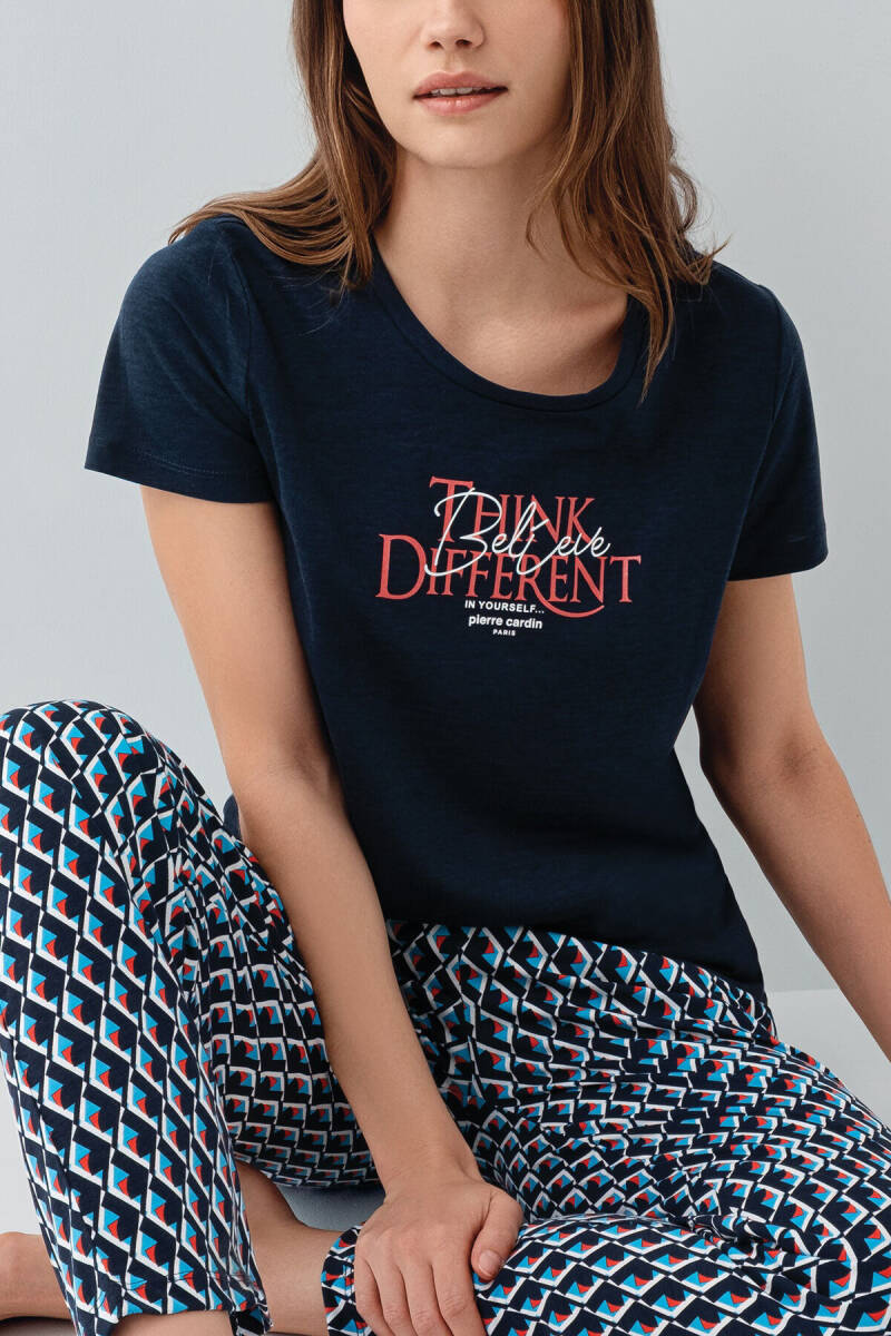 Pierre Cardin Kadın Pamuklu Bisiklet Yaka Nakışlı Yazlık Regular Fit Lacivert Pijama Takımı PC9157-S-V2 - 3
