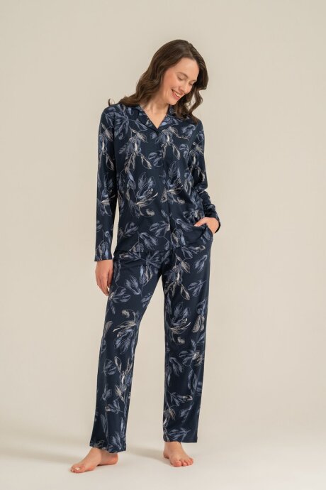 Pierre Cardin Kadın Pamuklu Leaves Lacivert Gömlek Pijama Takımı PC9259-S-V1 (1)
