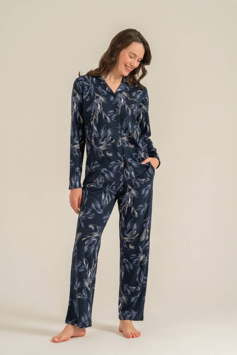 Pierre Cardin Kadın Pamuklu Leaves Lacivert Gömlek Pijama Takımı PC9259-S-V1 - 2