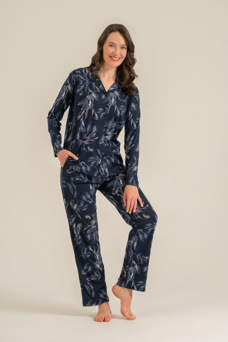 Pierre Cardin Kadın Pamuklu Leaves Lacivert Gömlek Pijama Takımı PC9259-S-V1 - 8