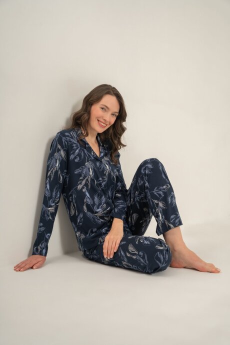 Pierre Cardin Kadın Pamuklu Leaves Lacivert Gömlek Pijama Takımı PC9259-S-V1