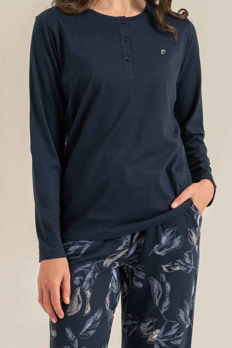 Pierre Cardin Kadın Pamuklu Leaves Lacivert Uzun Kol Pijama Takım PC9258-S-V1 - 3