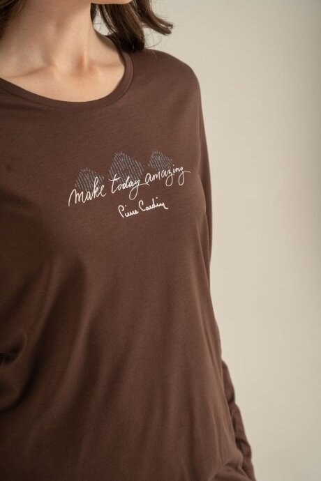 Pierre Cardin Kadın Pamuklu Make Today Amazing Kahverengi Uzun Kol Pijama Takım PC9274-S-V1 - 7