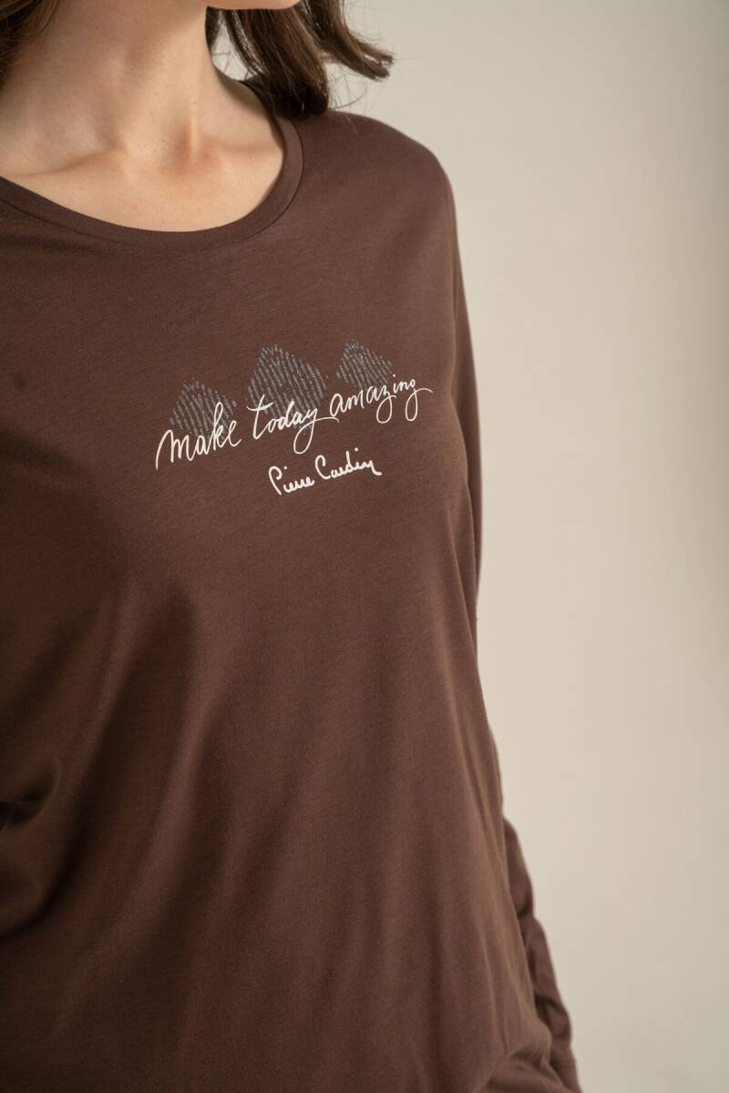 Pierre Cardin Kadın Pamuklu Make Today Amazing Kahverengi Uzun Kol Pijama Takım PC9274-S-V1 - 7