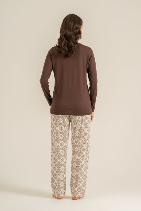 Pierre Cardin Kadın Pamuklu Make Today Amazing Kahverengi Uzun Kol Pijama Takım PC9274-S-V1 - 4