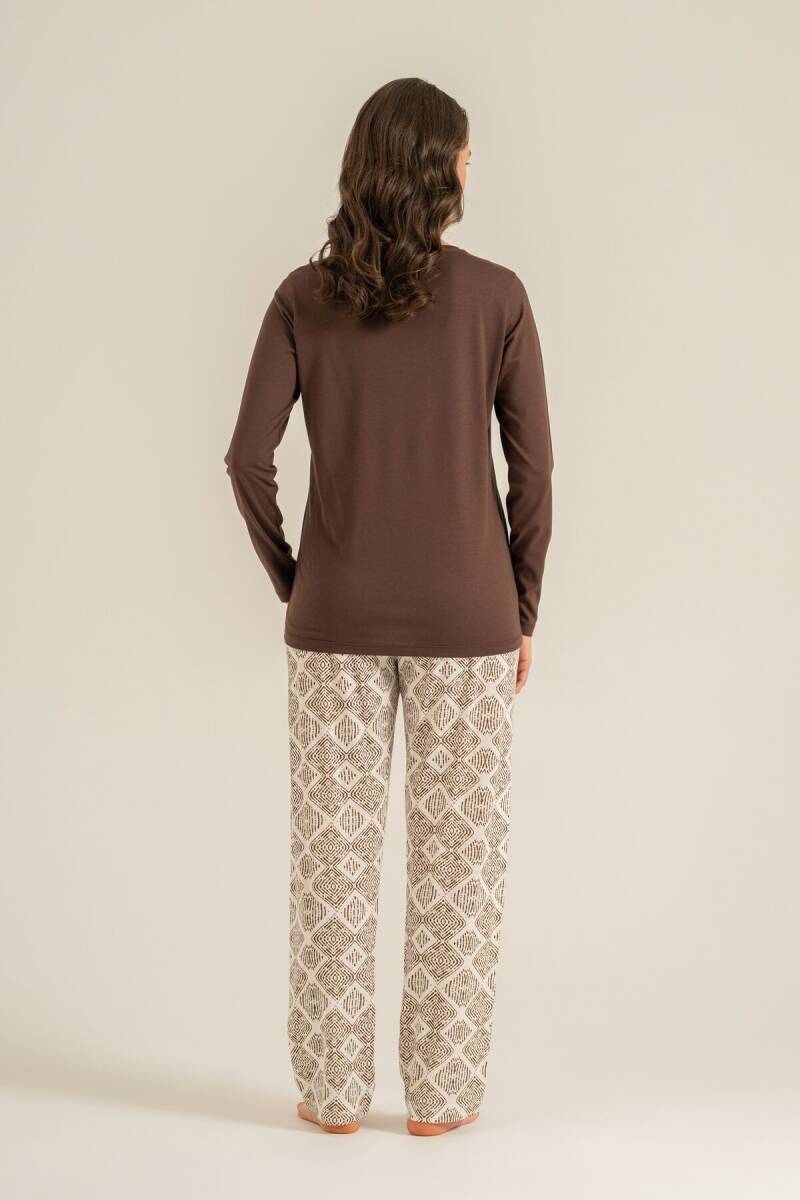 Pierre Cardin Kadın Pamuklu Make Today Amazing Kahverengi Uzun Kol Pijama Takım PC9274-S-V1 - 4