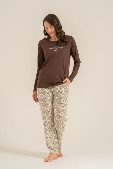 Pierre Cardin Kadın Pamuklu Make Today Amazing Kahverengi Uzun Kol Pijama Takım PC9274-S-V1