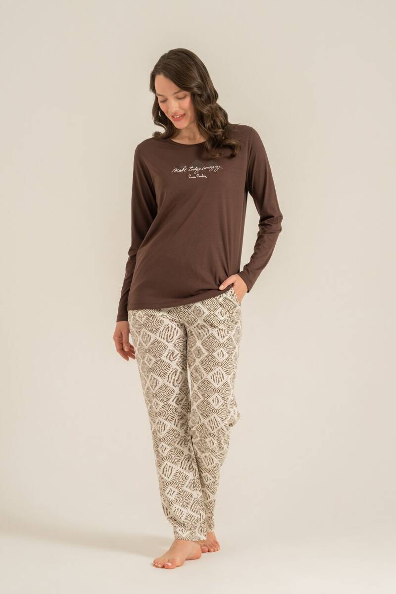 Pierre Cardin Kadın Pamuklu Make Today Amazing Kahverengi Uzun Kol Pijama Takım PC9274-S-V1 - 1