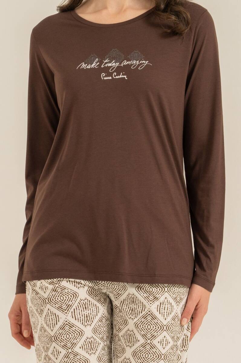 Pierre Cardin Kadın Pamuklu Make Today Amazing Kahverengi Uzun Kol Pijama Takım PC9274-S-V1 - 3