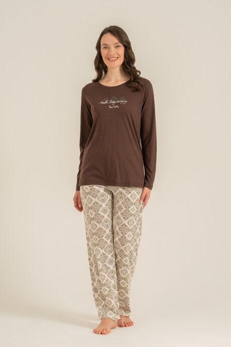 Pierre Cardin Kadın Pamuklu Make Today Amazing Kahverengi Uzun Kol Pijama Takım PC9274-S-V1 - 6