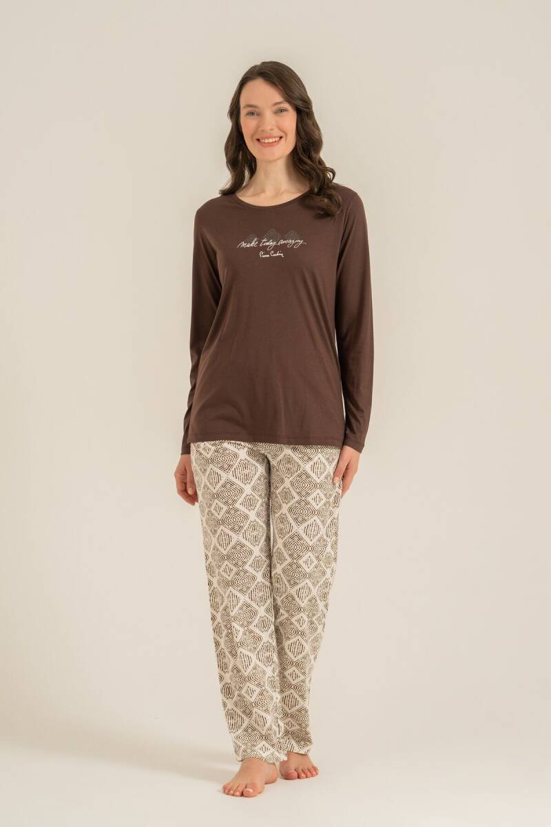 Pierre Cardin Kadın Pamuklu Make Today Amazing Kahverengi Uzun Kol Pijama Takım PC9274-S-V1 - 6