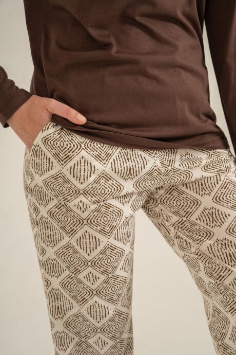 Pierre Cardin Kadın Pamuklu Make Today Amazing Kahverengi Uzun Kol Pijama Takım PC9274-S-V1 - 5