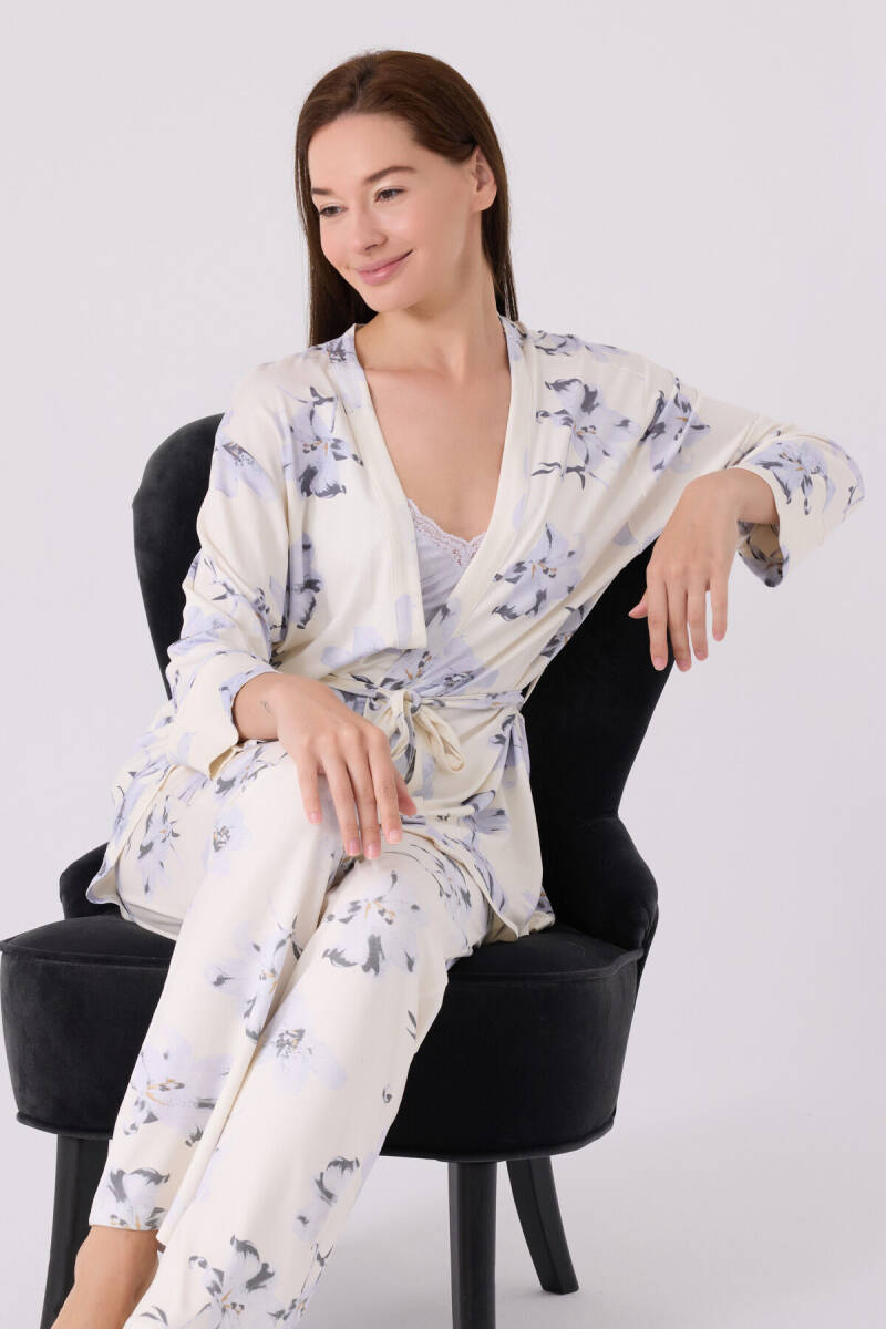 Pierre Cardin Kadın Pamuklu Bisiklet Yaka Pigment Baskılı Kışlık Regular Fit Mavi Pijama Takımı PC8885-S-V1 - 3