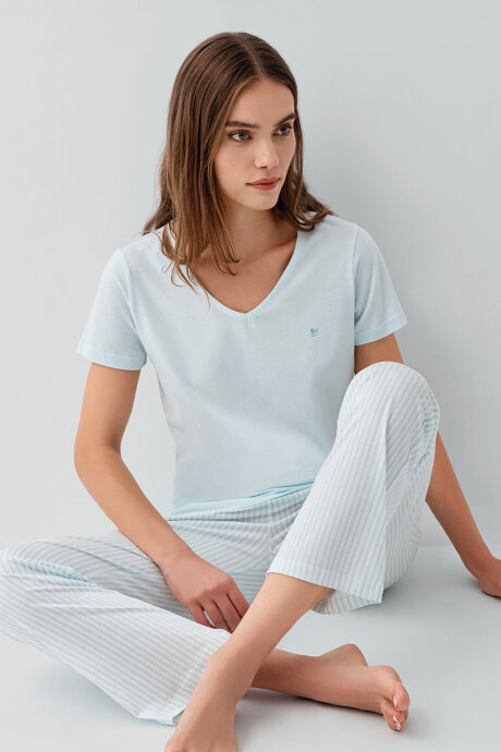 Pierre Cardin Kadın V Yaka Nakışlı Yazlık Regular Fit Mavi Pijama Takımı PC9202-S-V2