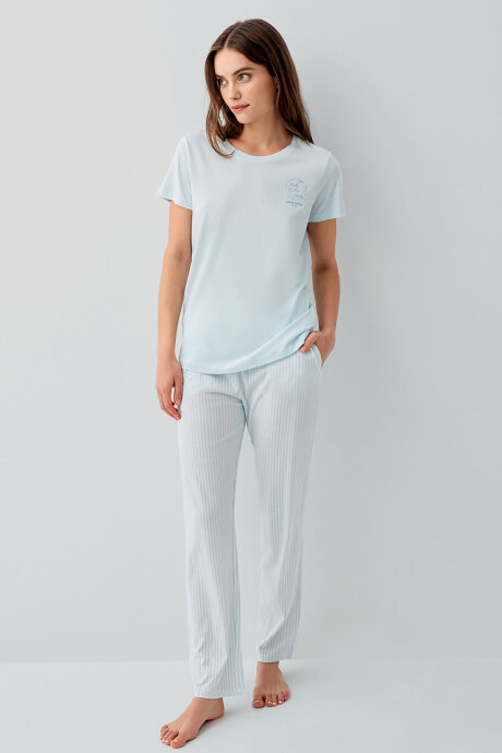 Pierre Cardin Kadın Bisiklet Yaka Nakışlı Yazlık Regular Fit Mavi Pijama Takımı PC9201-S-V2 (1)