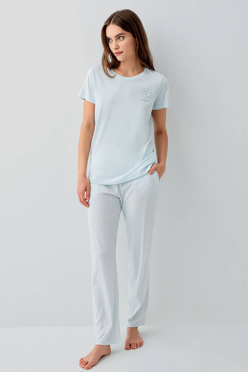 Pierre Cardin Kadın Pamuklu Bisiklet Yaka Nakışlı Yazlık Regular Fit Mavi Pijama Takımı PC9201-S-V2 - 2