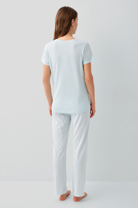 Pierre Cardin Kadın Pamuklu Bisiklet Yaka Nakışlı Yazlık Regular Fit Mavi Pijama Takımı PC9201-S-V2 - 4