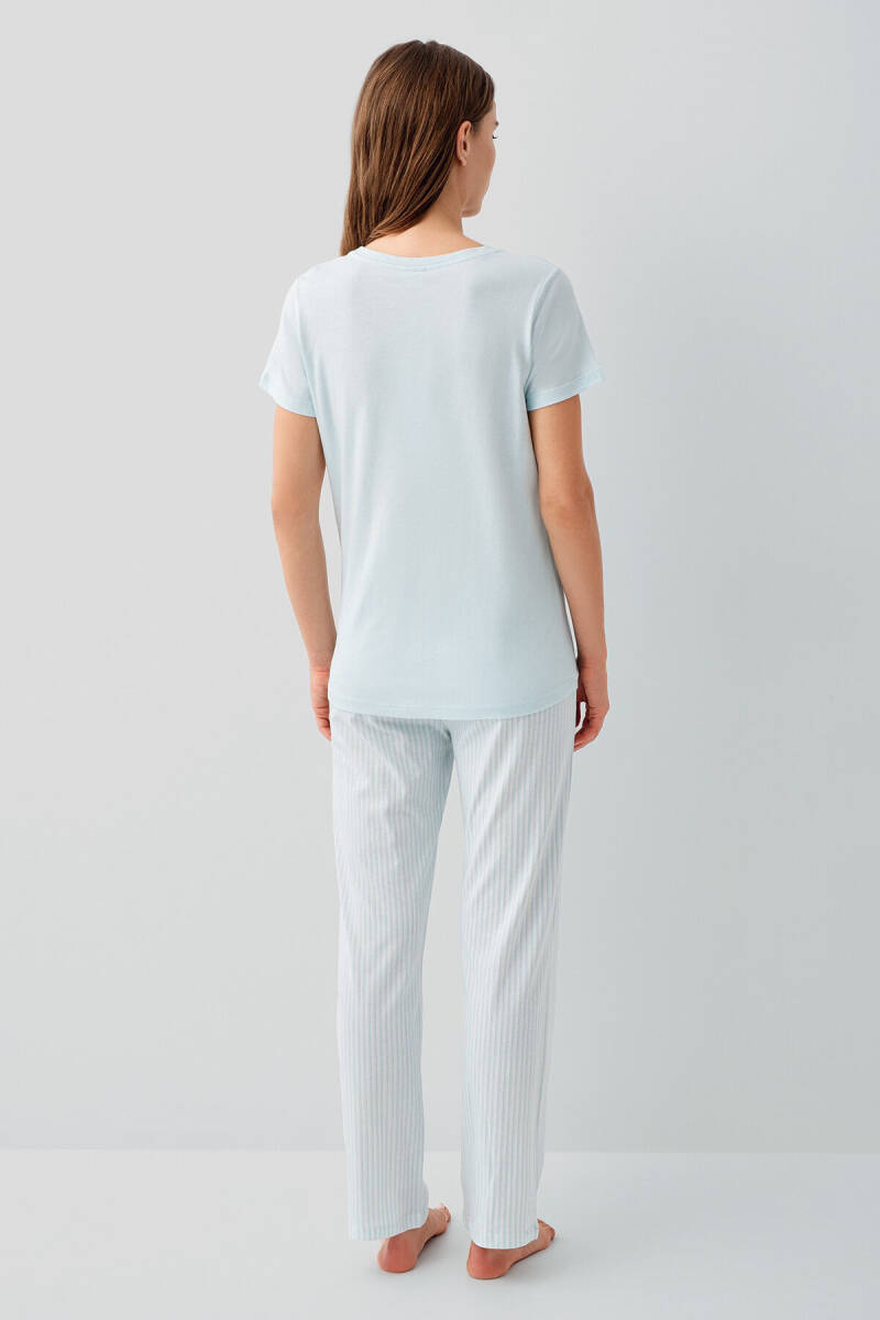 Pierre Cardin Kadın Pamuklu Bisiklet Yaka Nakışlı Yazlık Regular Fit Mavi Pijama Takımı PC9201-S-V2 - 4