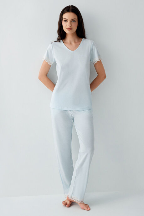 Pierre Cardin Kadın Pamuklu V Yaka Nakışlı Yazlık Regular Fit Mavi Pijama Takımı PC9217-S-V2 - 2