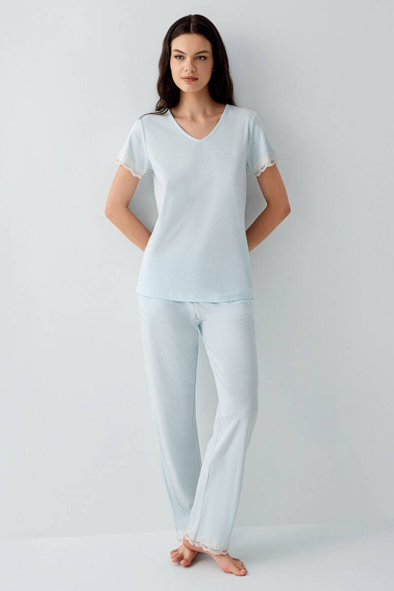 Pierre Cardin Kadın Pamuklu V Yaka Nakışlı Yazlık Regular Fit Mavi Pijama Takımı PC9217-S-V2 - 2