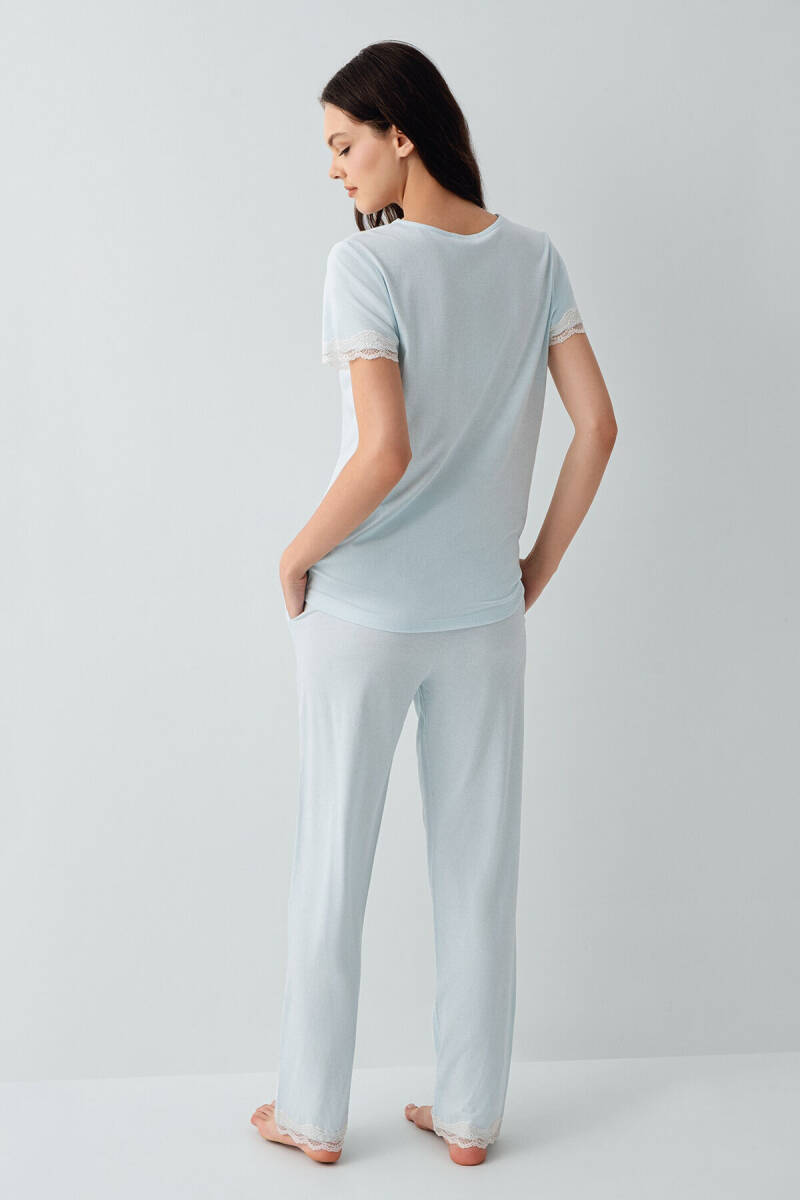 Pierre Cardin Kadın Pamuklu V Yaka Nakışlı Yazlık Regular Fit Mavi Pijama Takımı PC9217-S-V2 - 3