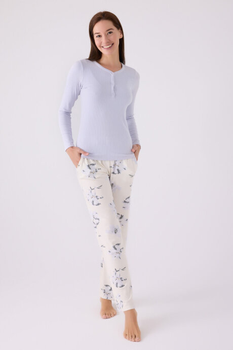 Pierre Cardin Kadın Pamuklu Hakim Yaka Pigment Baskılı Kışlık Regular Fit Mavi Pijama Takımı PC8884-S-V1