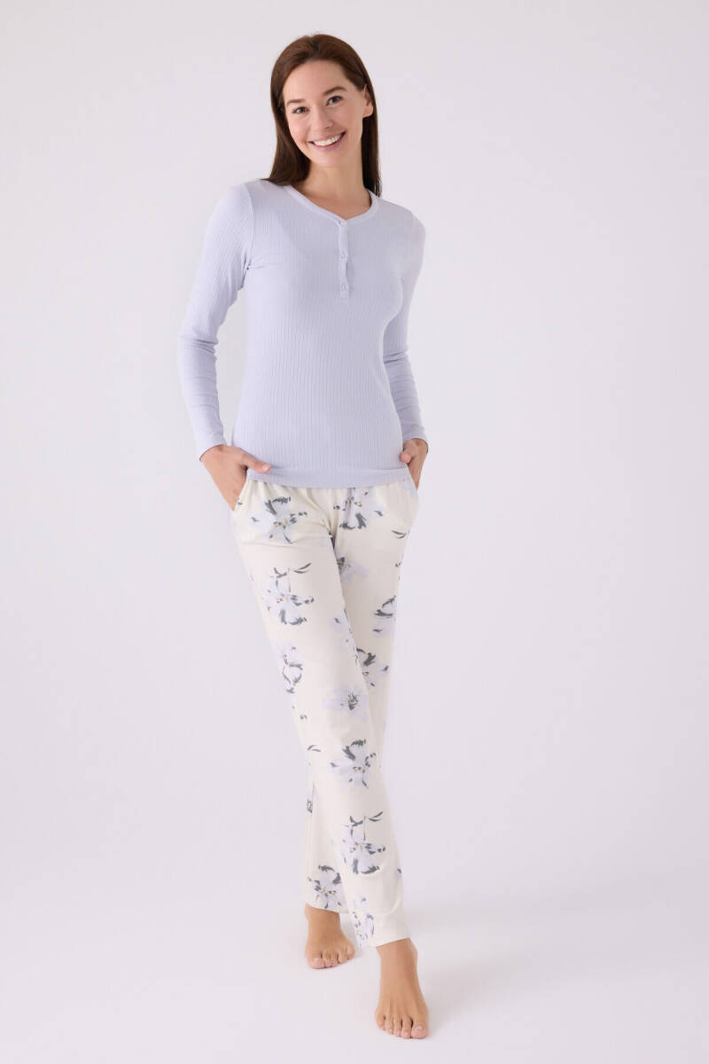 Pierre Cardin Kadın Pamuklu Hakim Yaka Pigment Baskılı Kışlık Regular Fit Mavi Pijama Takımı PC8884-S-V1 - 1