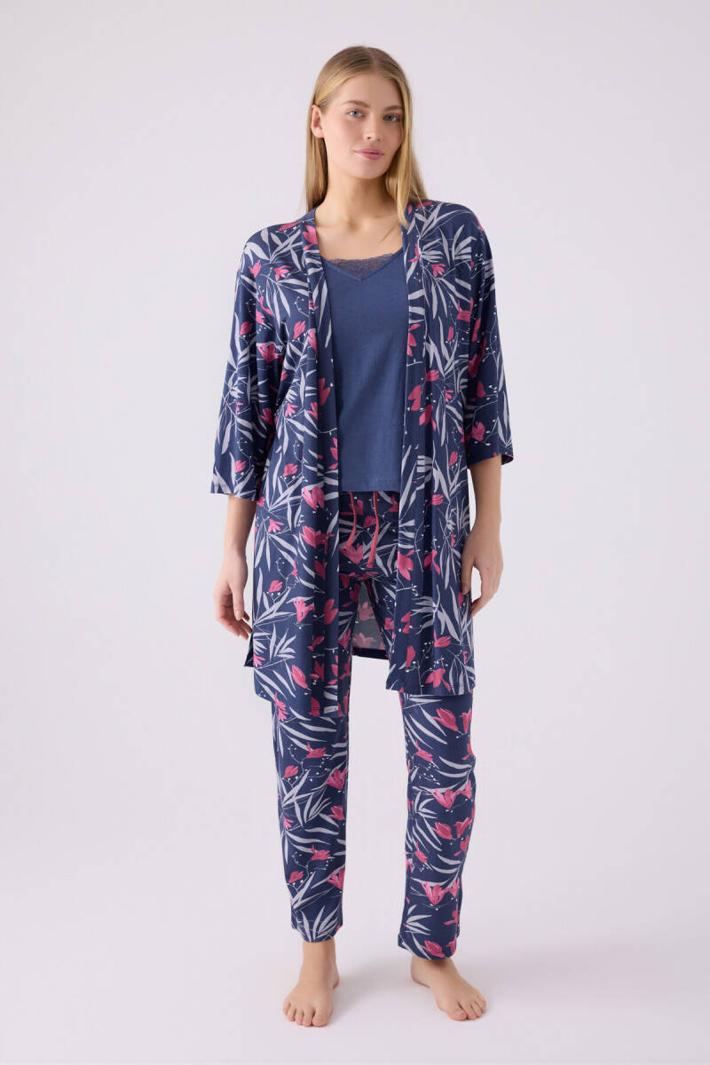 Pierre Cardin Kadın Pamuklu Kruvaze Pigment Baskılı Kışlık Regular Fit Mavi Pijama Takımı PC8904-S-V1 - 1