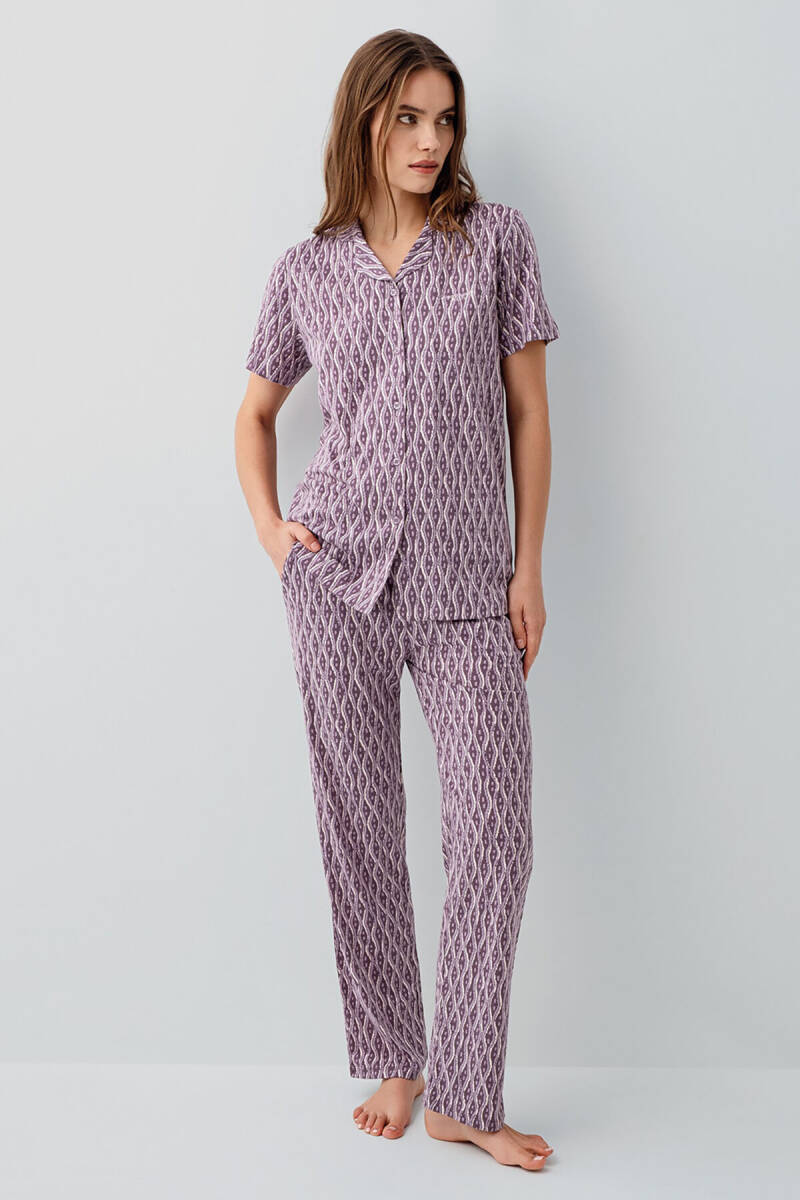 Pierre Cardin Kadın Pamuklu Gömlek Yaka Nakışlı Yazlık Regular Fit Mor Pijama Takımı PC9184-S-V1 - 2