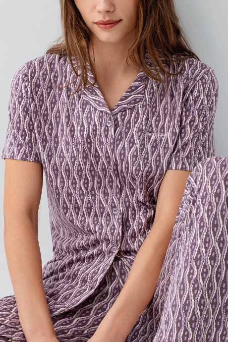 Pierre Cardin Kadın Pamuklu Gömlek Yaka Nakışlı Yazlık Regular Fit Mor Pijama Takımı PC9184-S-V1 - 3