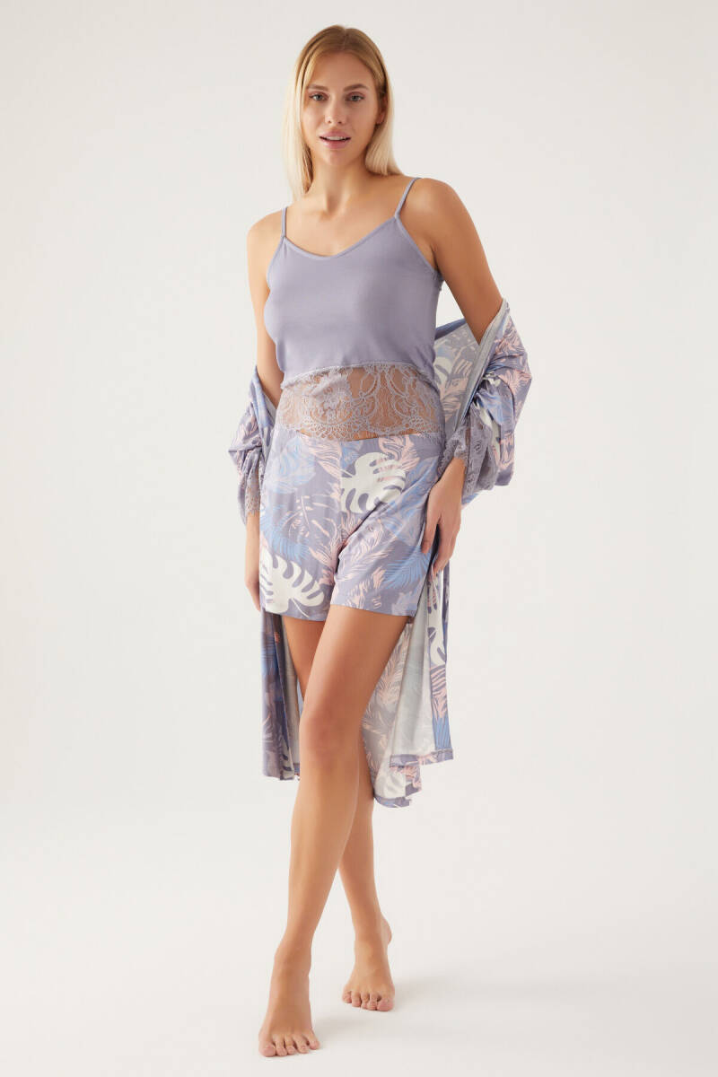 Pierre Cardin Kadın Pamuklu Kruvaze Pigment Baskılı Yazlık Regular Fit Mor Pijama Takımı PC8802-S-V1 - 4