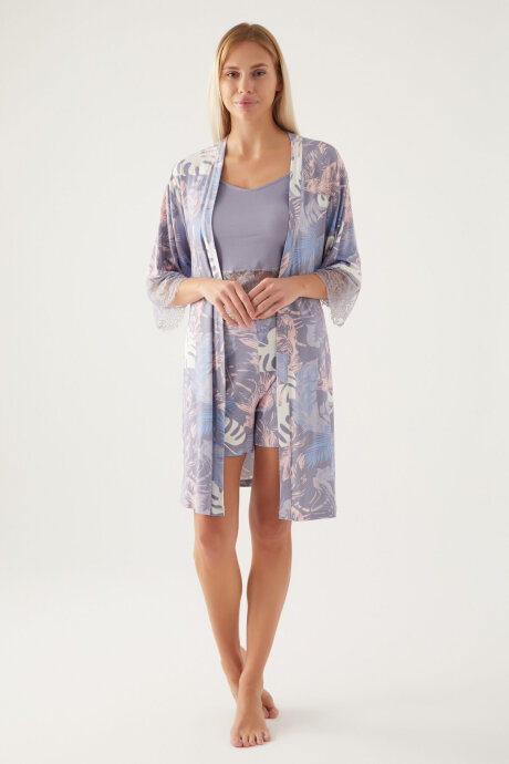 Pierre Cardin Kadın Pamuklu Kruvaze Pigment Baskılı Yazlık Regular Fit Mor Pijama Takımı PC8802-S-V1 - 1