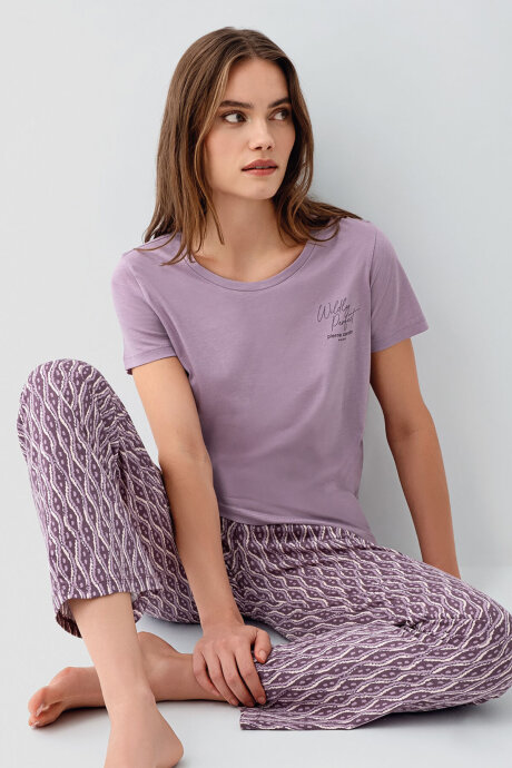 Pierre Cardin Kadın Bisiklet Yaka Nakışlı Yazlık Regular Fit Mor Pijama Takımı PC9182-S-V1