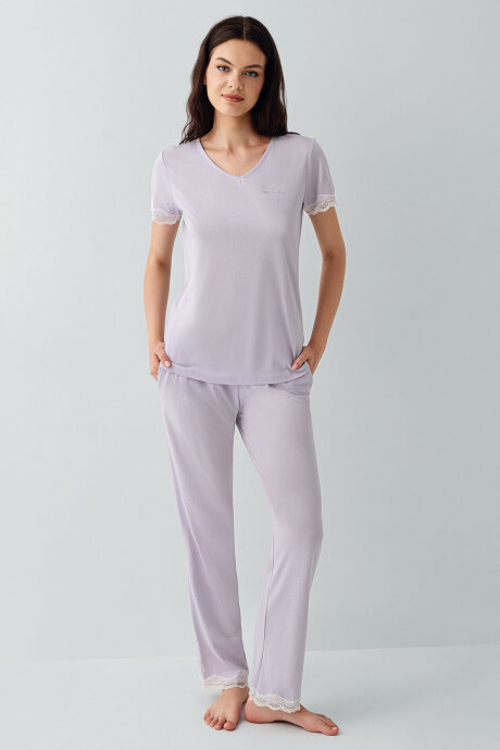 Pierre Cardin Kadın Pamuklu V Yaka Nakışlı Yazlık Regular Fit Mor Pijama Takımı PC9217-S-V3 - 2