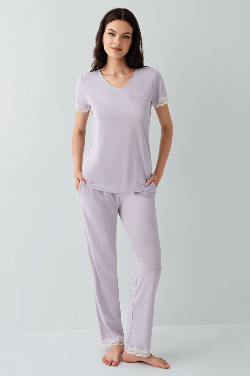 Pierre Cardin Kadın Pamuklu V Yaka Nakışlı Yazlık Regular Fit Mor Pijama Takımı PC9217-S-V3 - 2