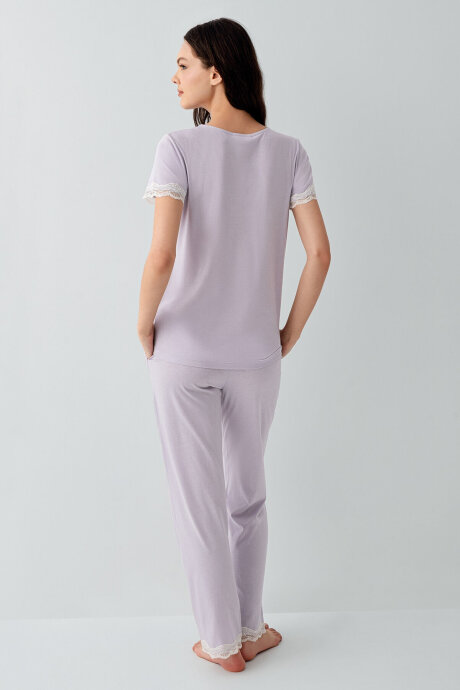 Pierre Cardin Kadın Pamuklu V Yaka Nakışlı Yazlık Regular Fit Mor Pijama Takımı PC9217-S-V3 - 3