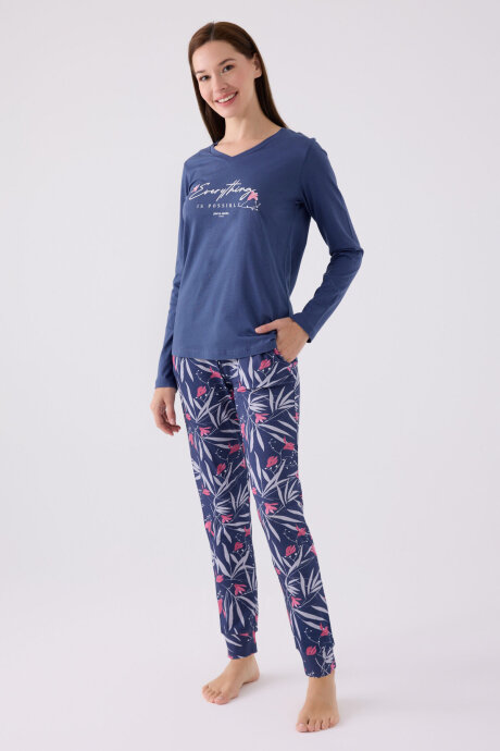 Pierre Cardin Kadın Pamuklu V Yaka Pigment Baskılı Kışlık Regular Fit Mavi Pijama Takımı PC8902-S-V1