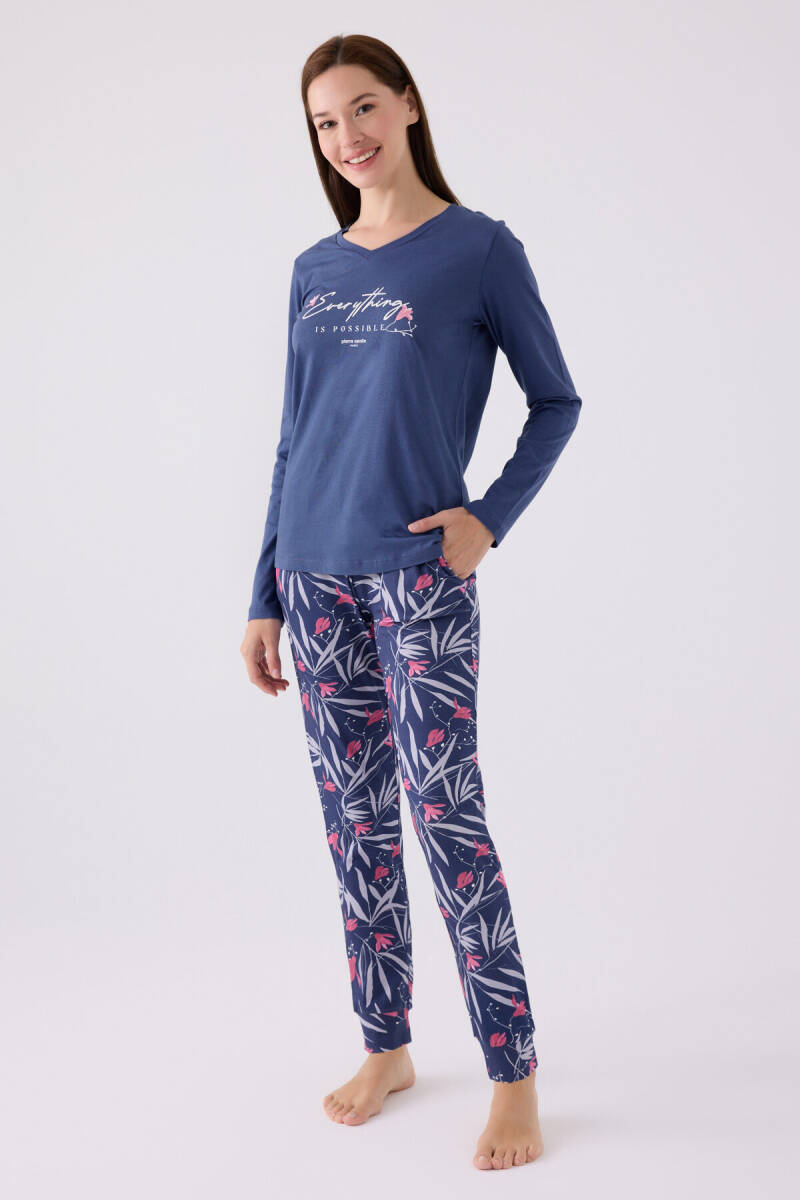 Pierre Cardin Kadın Pamuklu V Yaka Pigment Baskılı Kışlık Regular Fit Mavi Pijama Takımı PC8902-S-V1 - 1