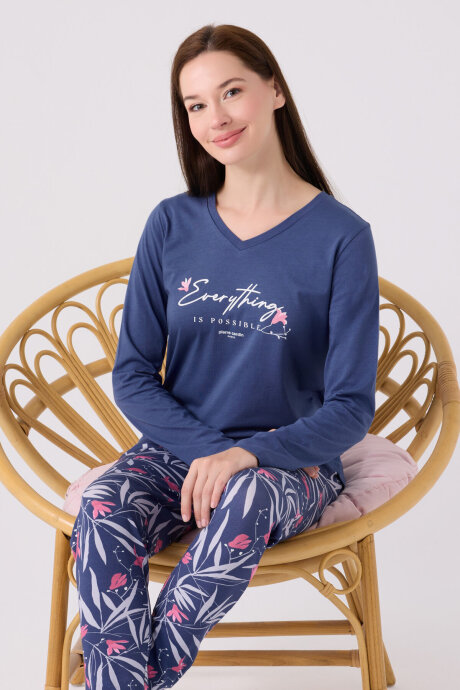 Pierre Cardin Kadın Pamuklu V Yaka Pigment Baskılı Kışlık Regular Fit Mavi Pijama Takımı PC8902-S-V1 - 3