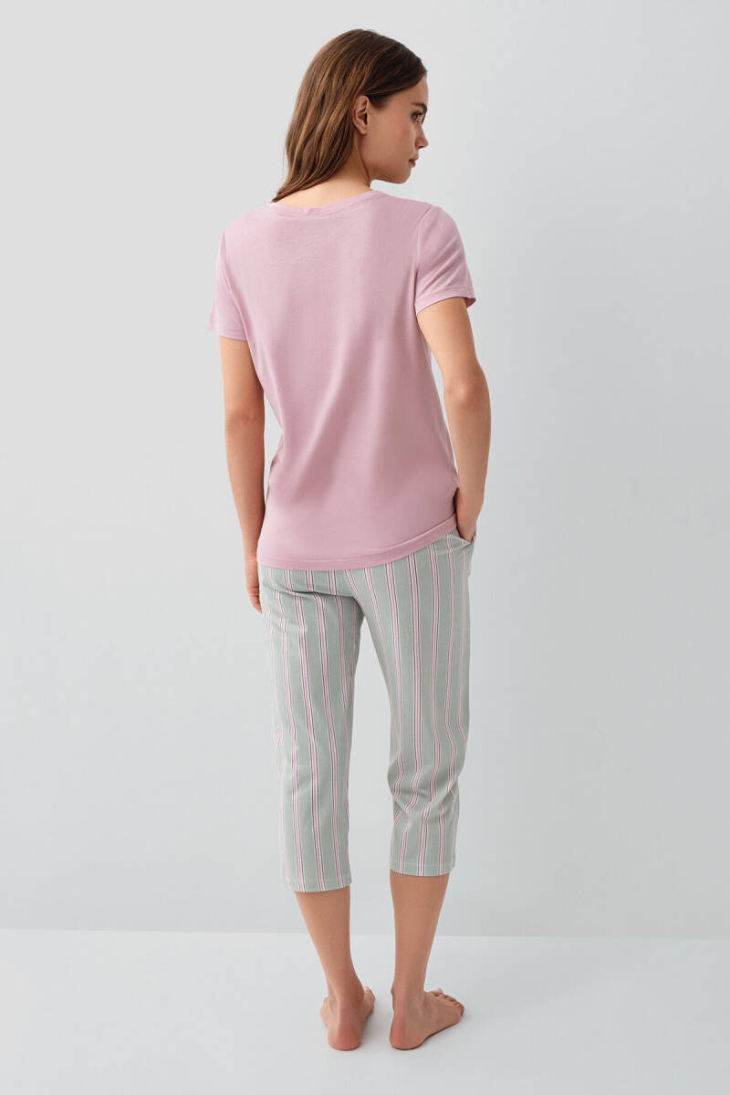 Pierre Cardin Kadın Pamuklu Bisiklet Yaka Nakışlı Yazlık Regular Fit Pembe Kapri Takım PC9172-S-V2 - 4