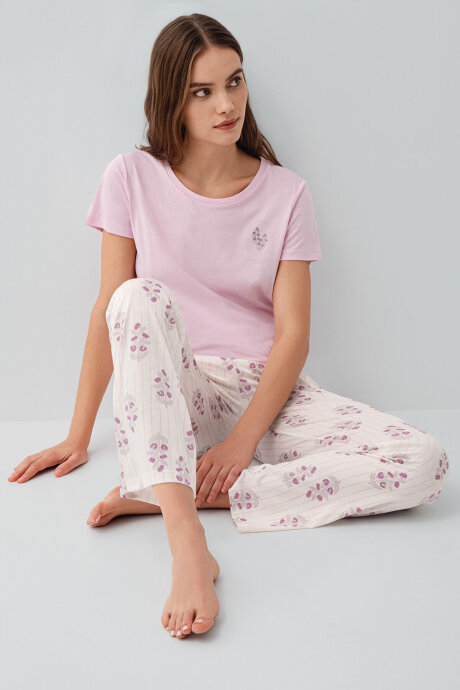 Pierre Cardin Kadın Bisiklet Yaka Nakışlı Yazlık Regular Fit Pembe Pijama Takımı PC9213-S-V2