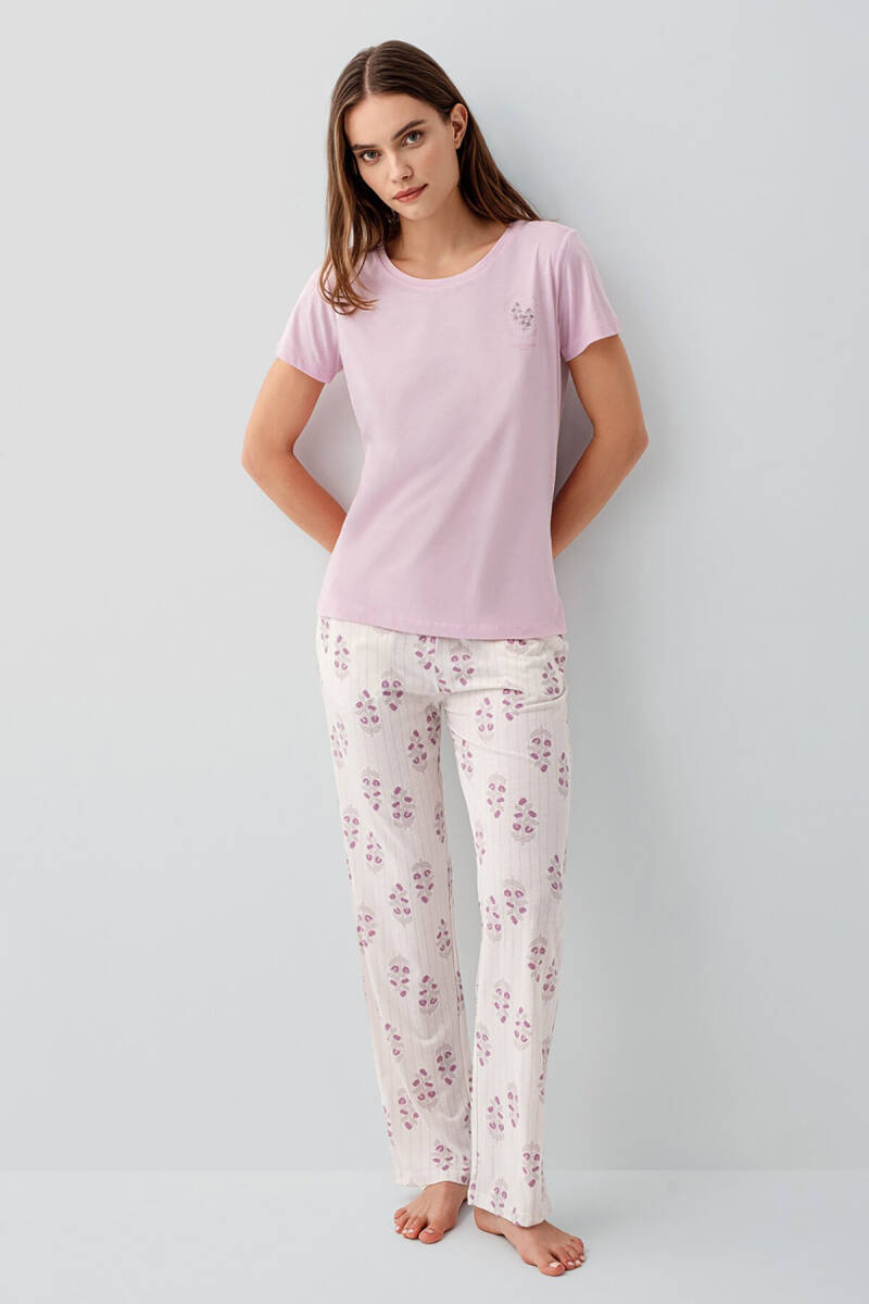 Pierre Cardin Kadın Pamuklu Bisiklet Yaka Nakışlı Yazlık Regular Fit Pembe Pijama Takımı PC9213-S-V2 - 2