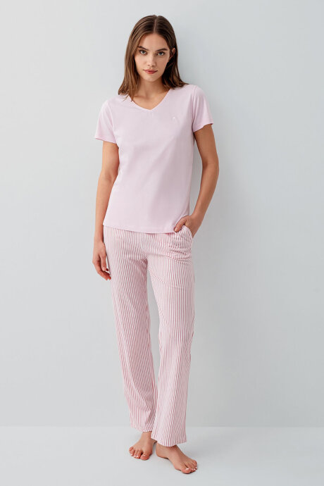 Pierre Cardin Kadın Pamuklu V Yaka Nakışlı Yazlık Regular Fit Pembe Pijama Takımı PC9202-S-V1 - 2