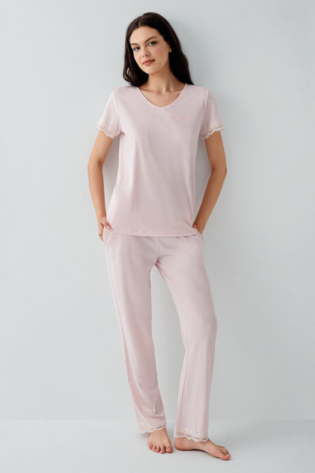 Pierre Cardin Kadın Pamuklu V Yaka Nakışlı Yazlık Regular Fit Pembe Pijama Takımı PC9217-S-V1 - 2